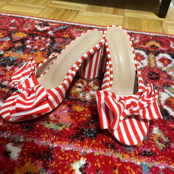 NWOT Red & White Striped Bows Peep Toe Heeled Mules - From Spain! - Size 37 6.5 - Picture 1 of 4